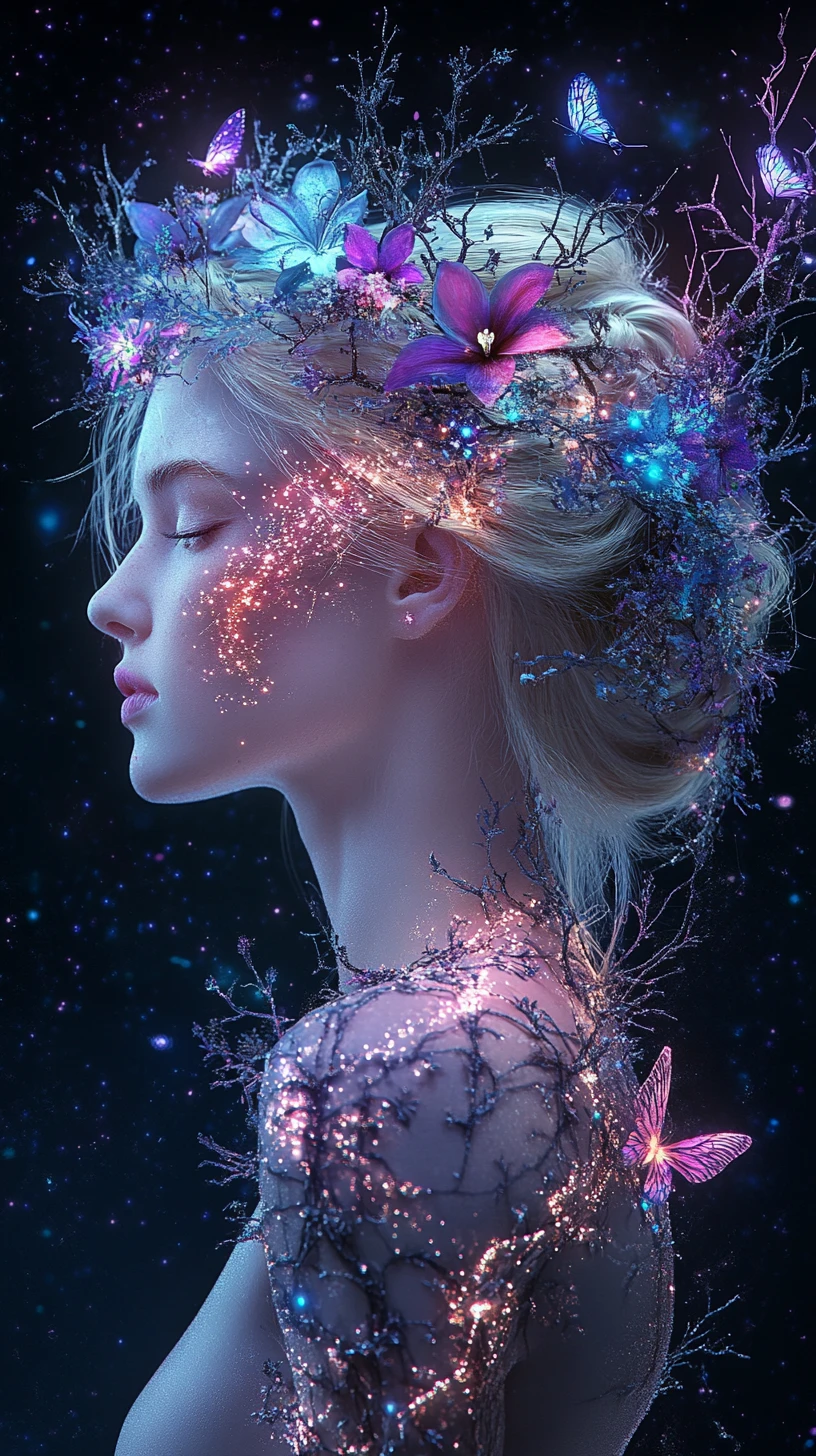 Ethereal crowned woman in a glowing cosmic nebula