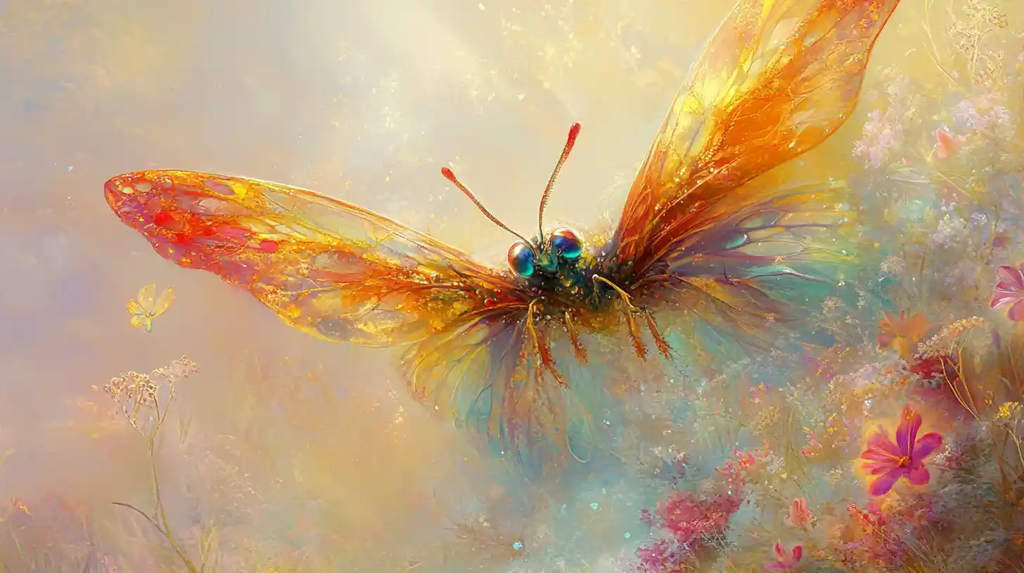 Whimsical fairy portrait with iridescent opal like wings
