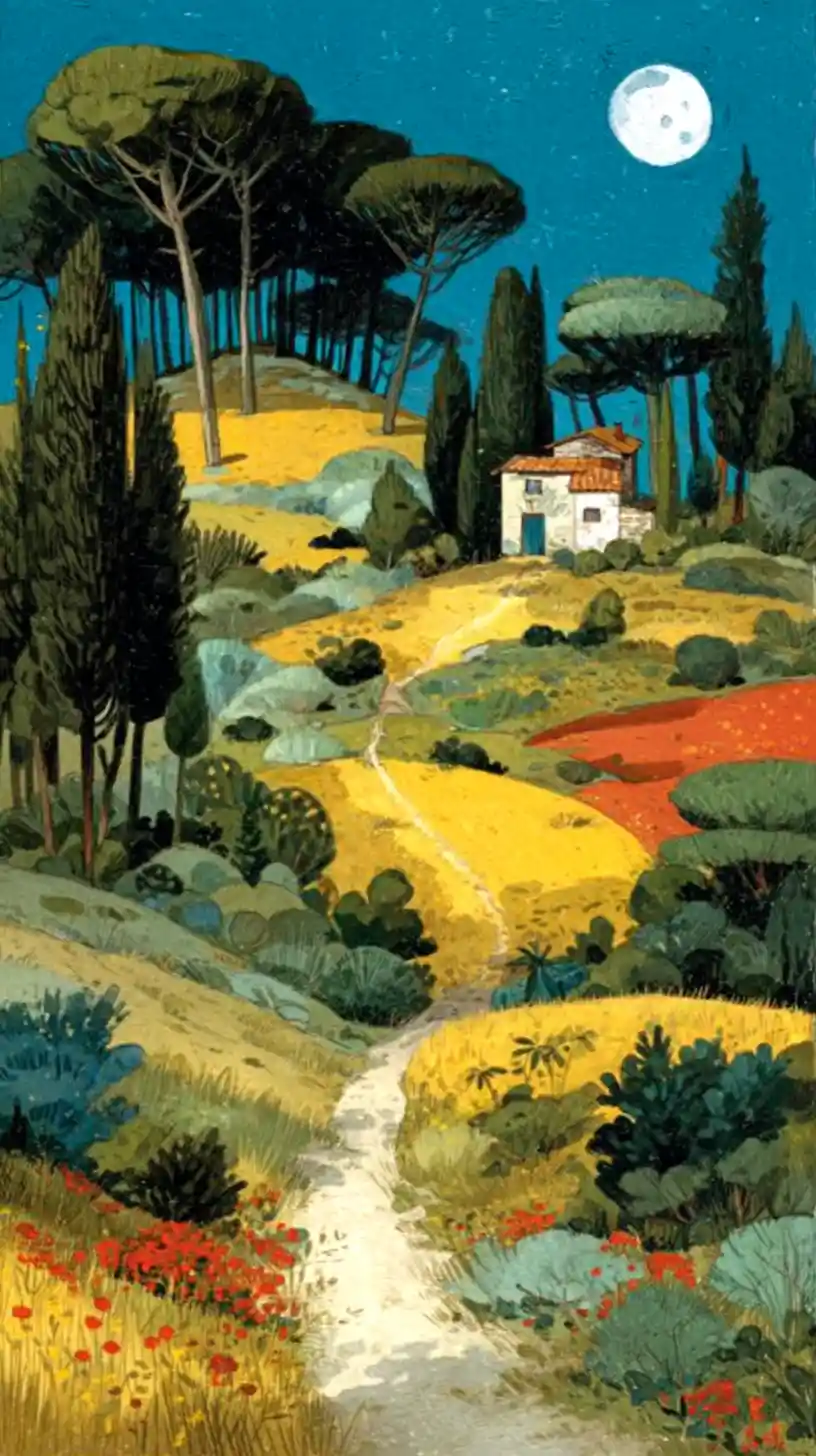 Peaceful rural landscape with a small house at sunset