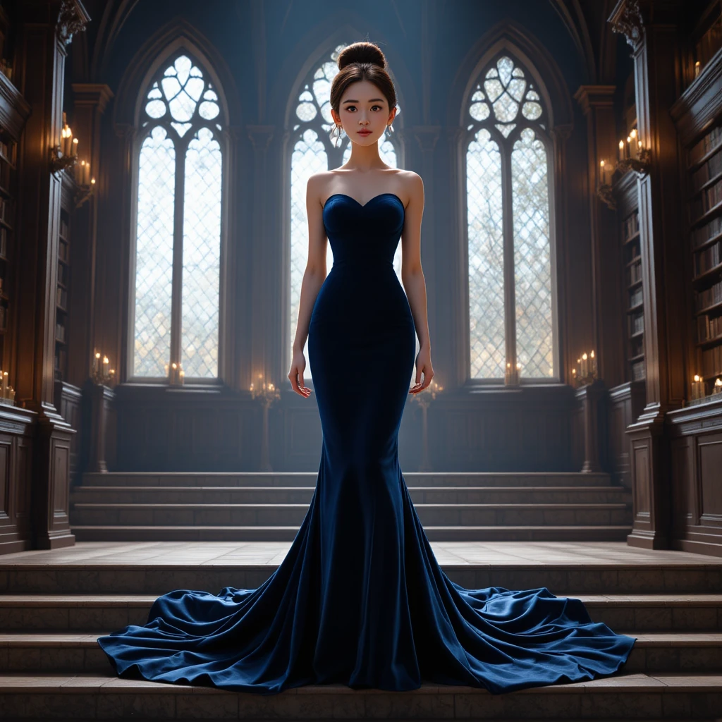 Korean woman in velvet gown on library steps at candlelight