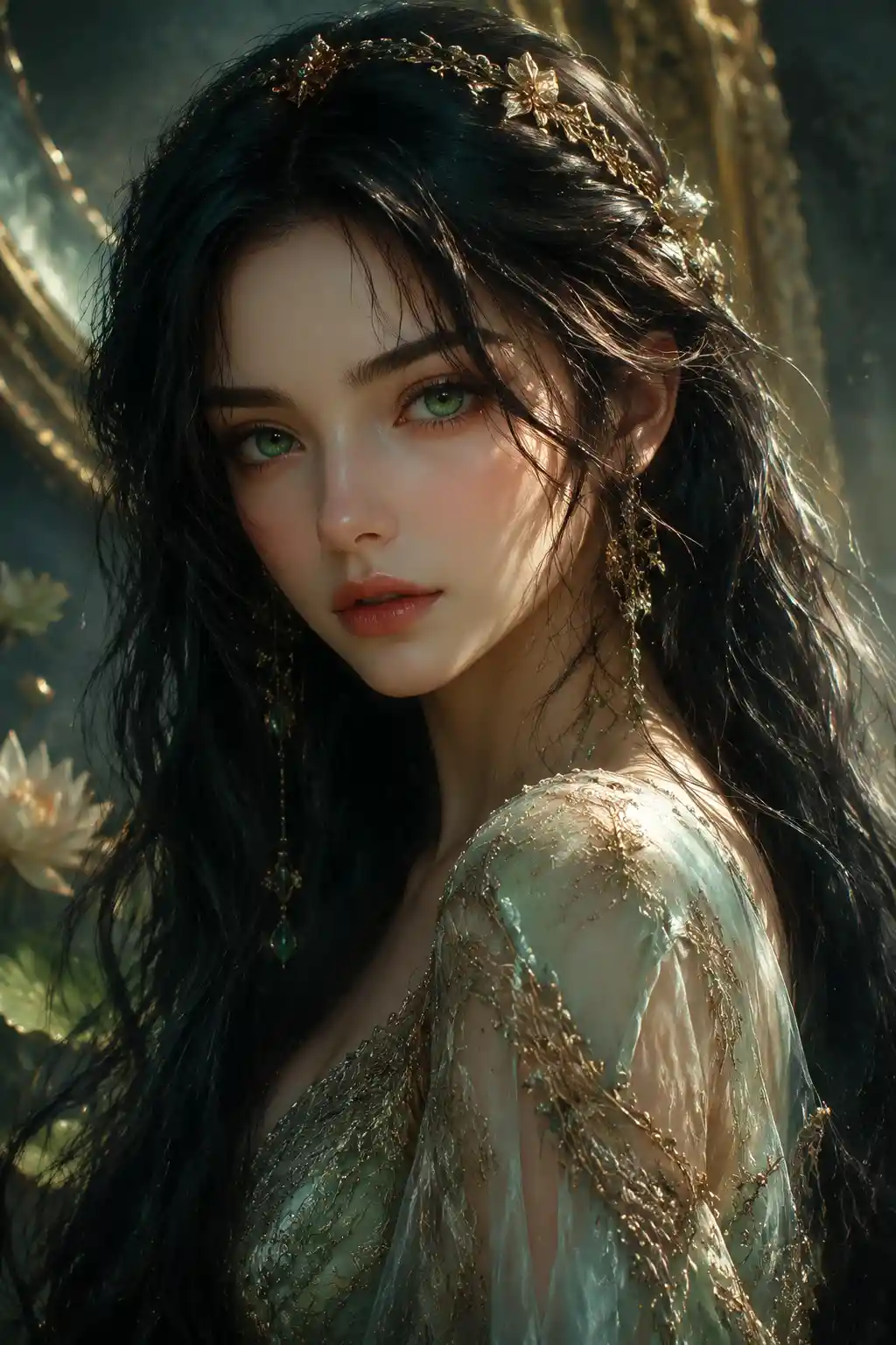 Serene close up portrait of a woman with emerald eyes