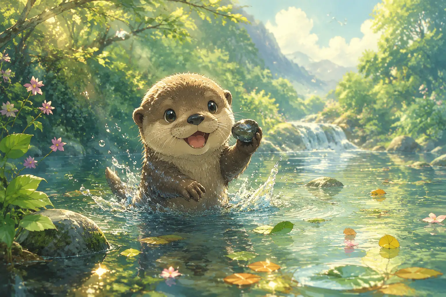 Baby otter splashing in a gentle anime river scene