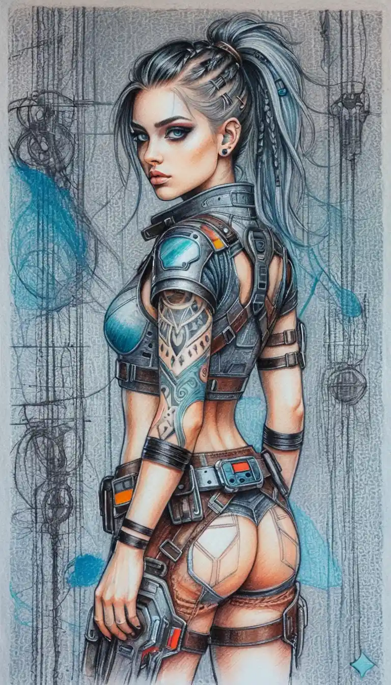 Cyberpunk warrior woman in colored pencil full body drawing