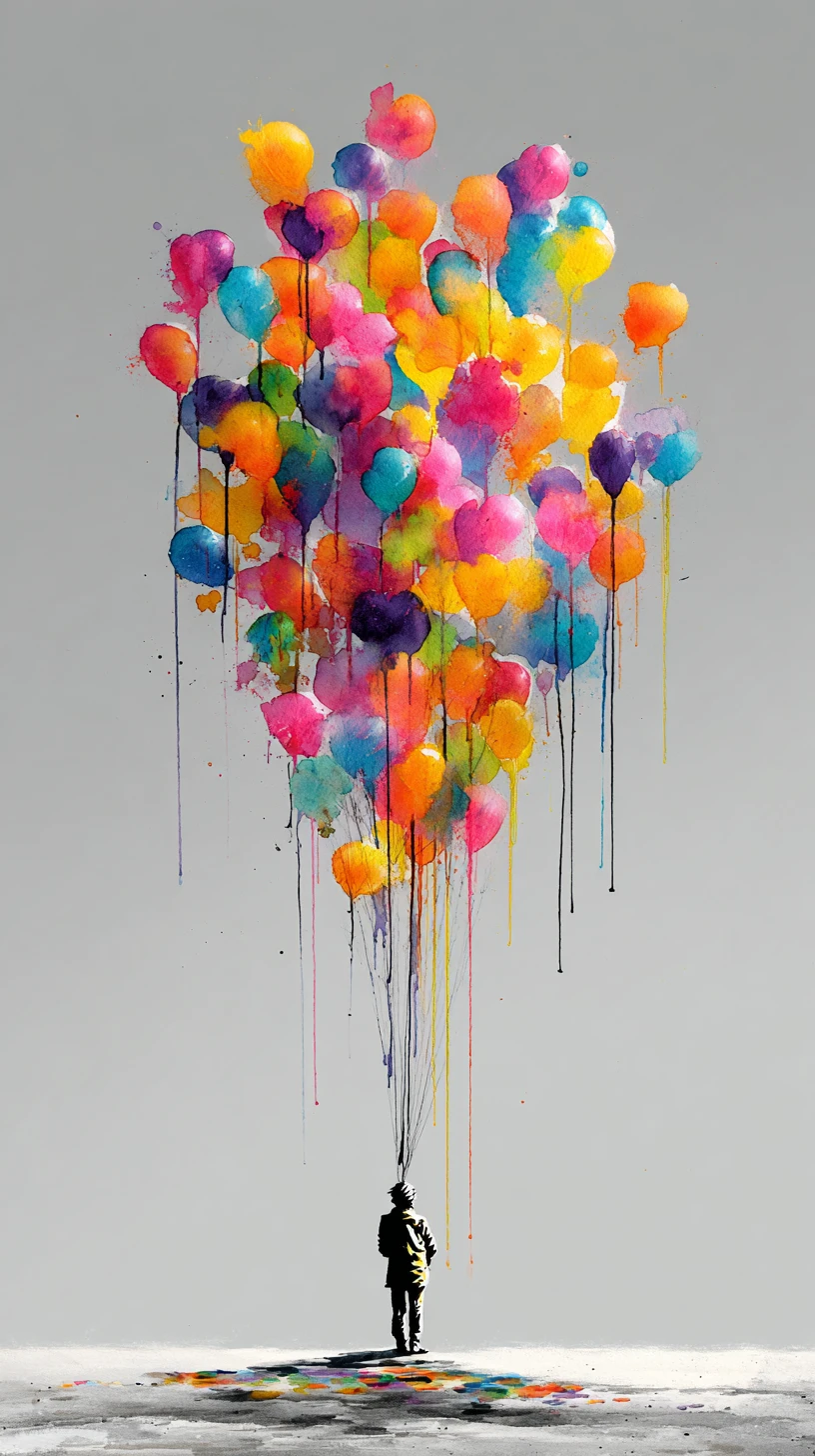 Colorful deflated balloons falling through abstract empty sky