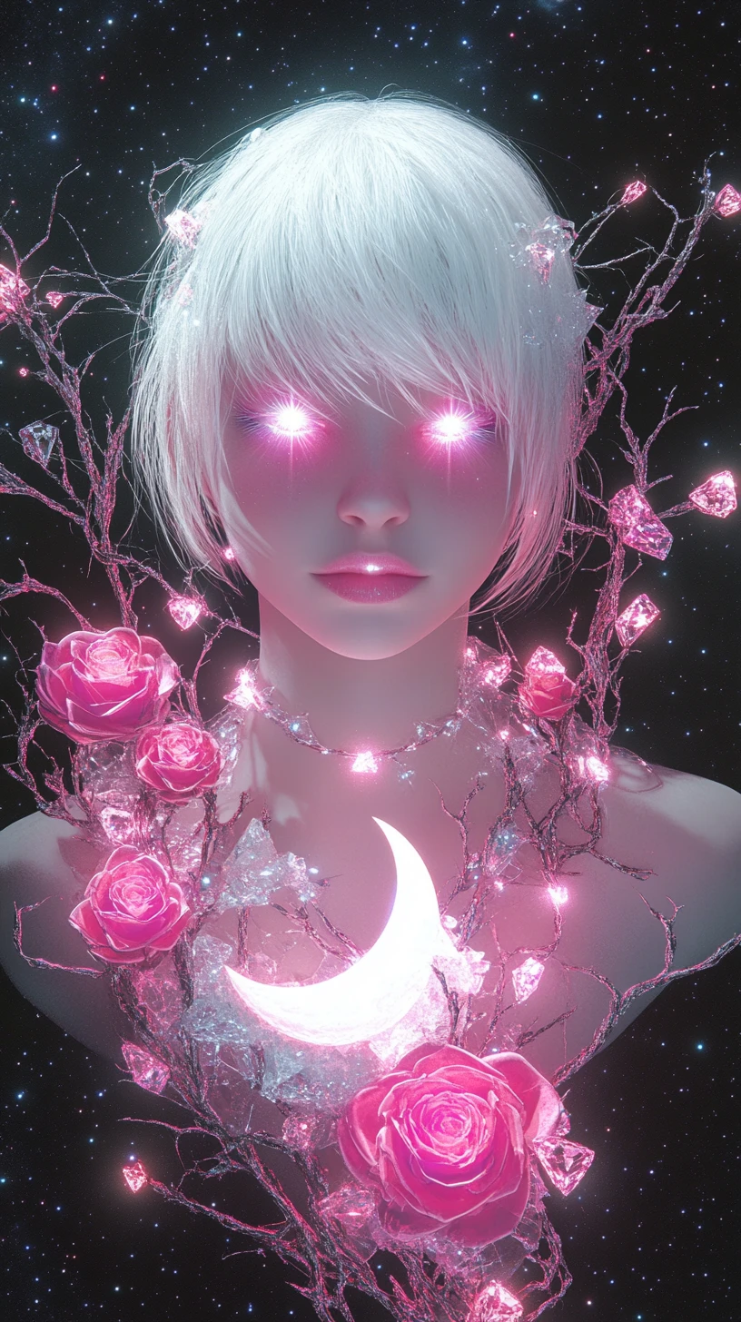 Celestial woman of crystal light with pink luminous eyes