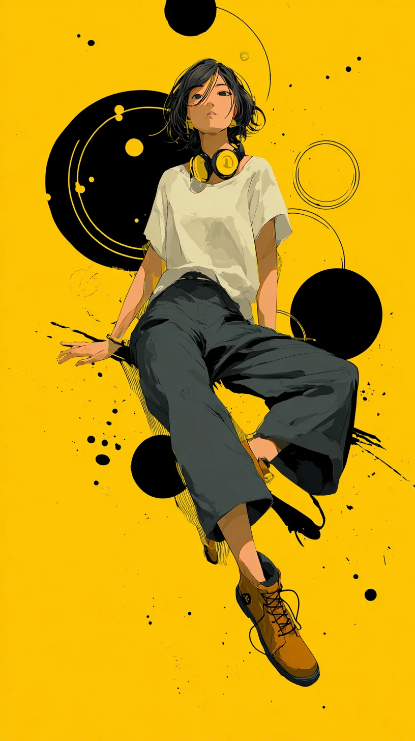 Anime girl in yellow headphones on abstract graphic background