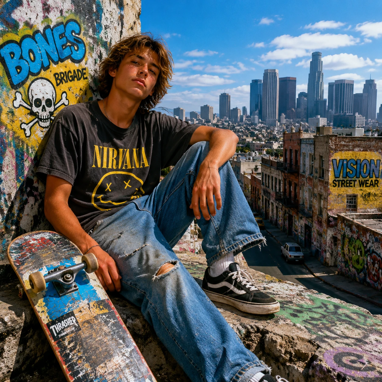 Relaxed teenage skateboarder in a colorful urban cityscape