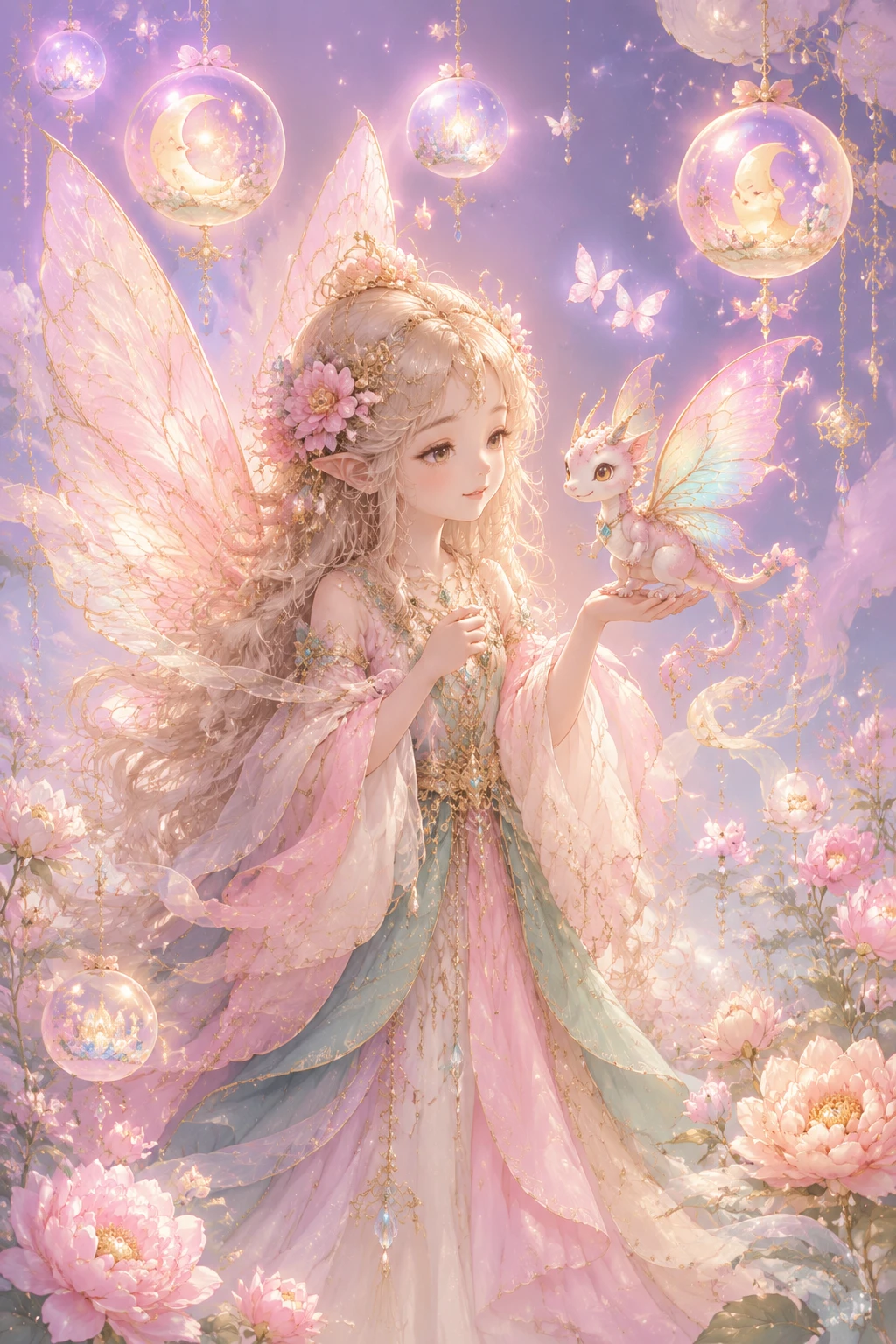 Gentle fairy with baby dragon in pastel nursery scene