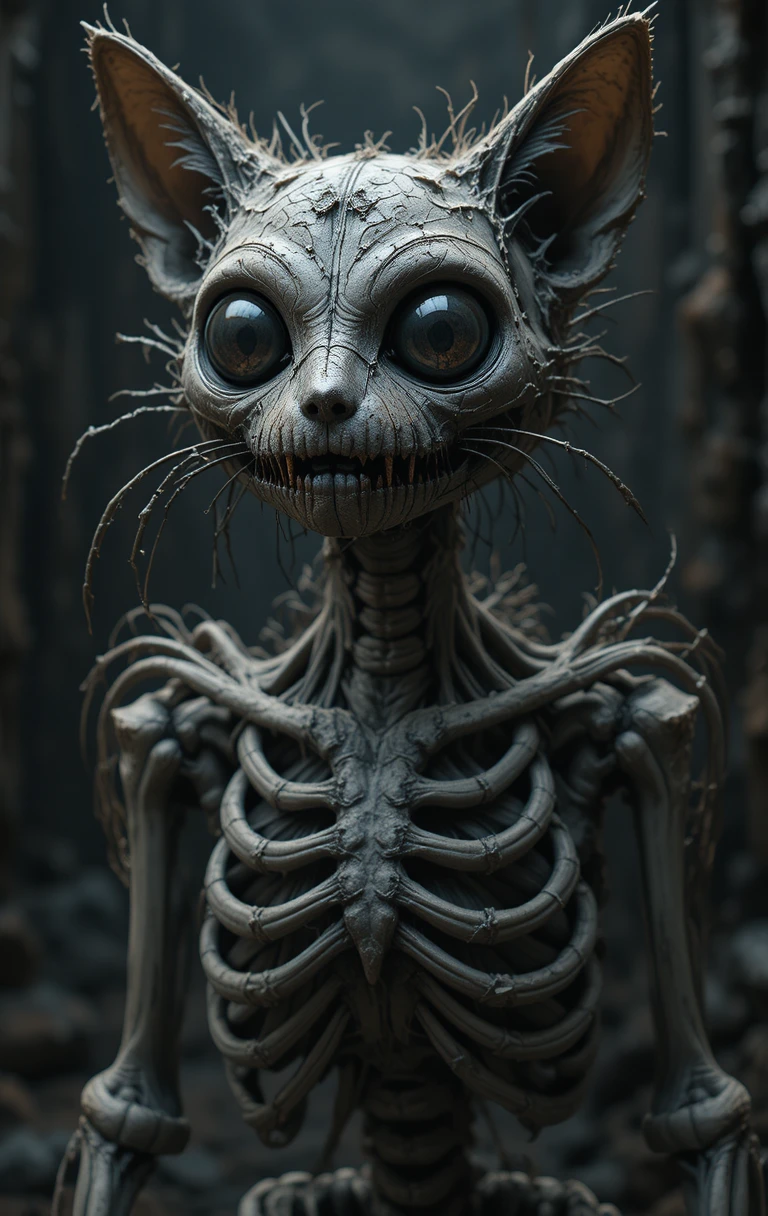 Creepy skeletal cat with huge ears in dark 3D scene