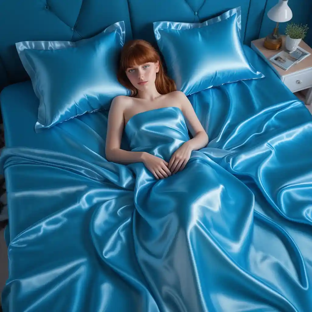 Woman lying on vivid blue satin sheets looking at viewer