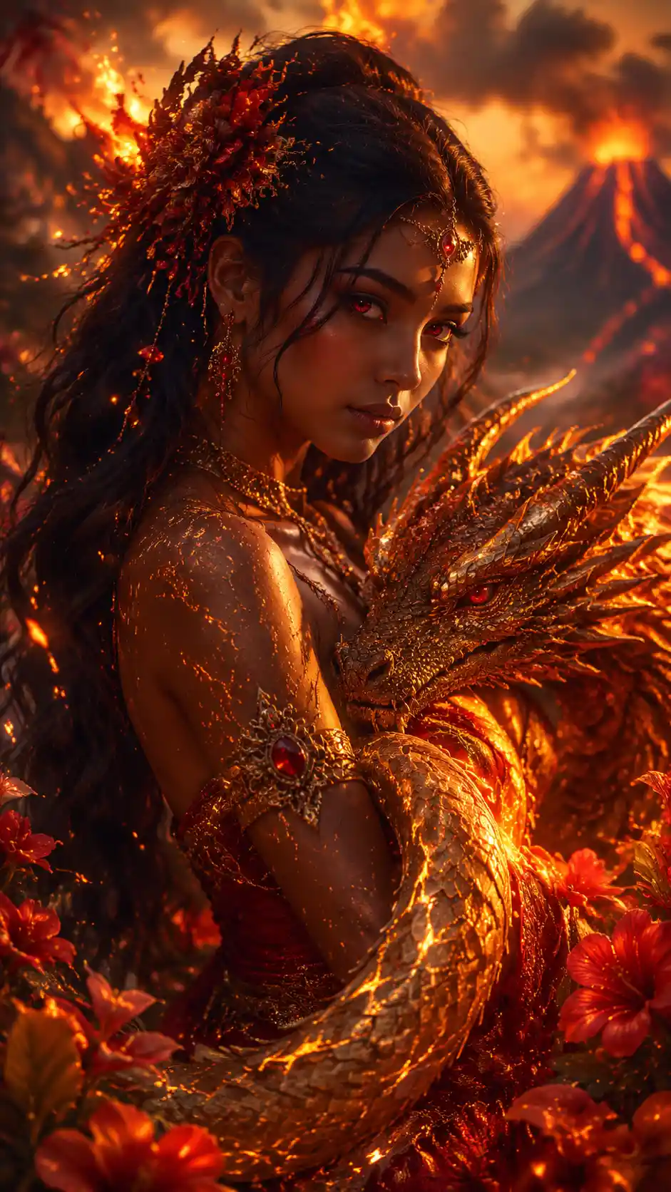 Volcanic priestess with lava wyrm in glowing dusk garden