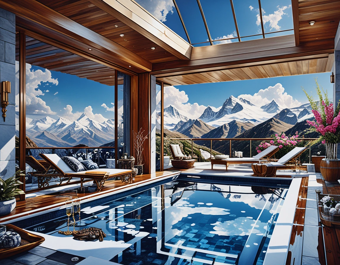 Luxury penthouse infinity pool over rocky mountain landscape
