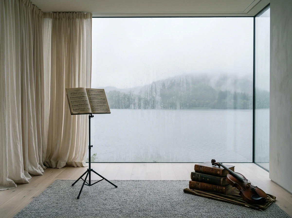 Minimalist Room Overlooking Misty Lake Through Large Window