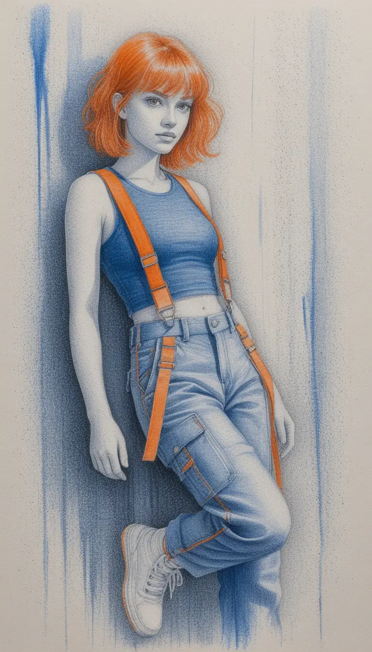 Anime style woman in tactical outfit against concrete wall