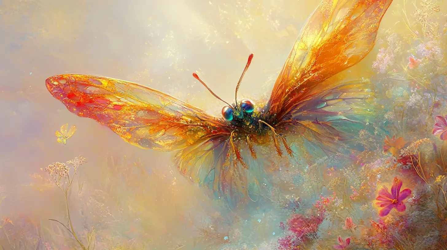 Whimsical fairy portrait with iridescent opal like wings