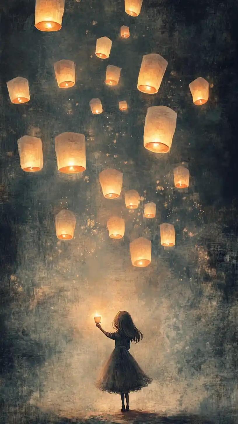 Girl lighting floating lanterns into a dreamy foggy sky