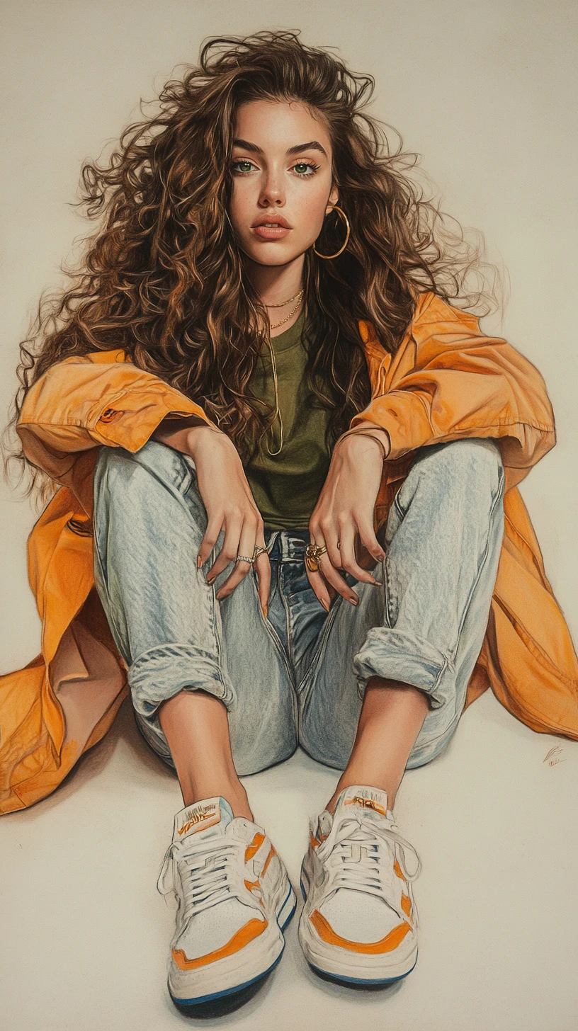 Donna seduta con capelli ricci in streetwear casual