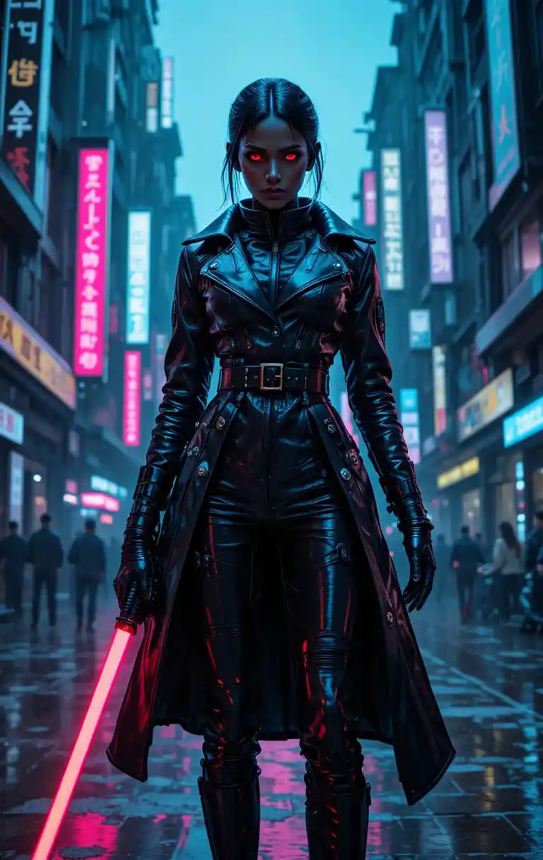 Cyberpunk woman with sword in neon drenched futuristic city