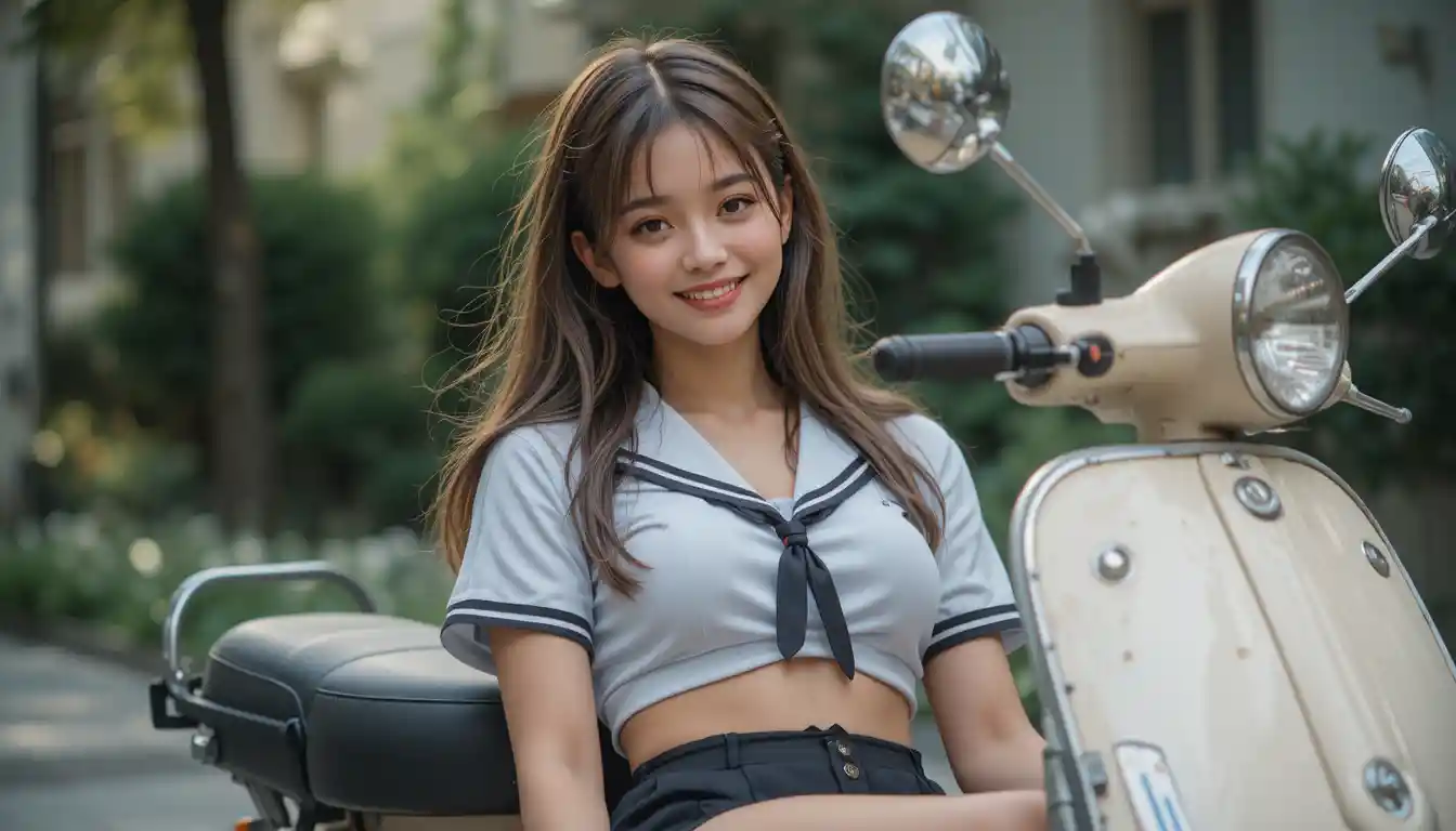 Playful european schoolgirl relaxing on a vespa scooter