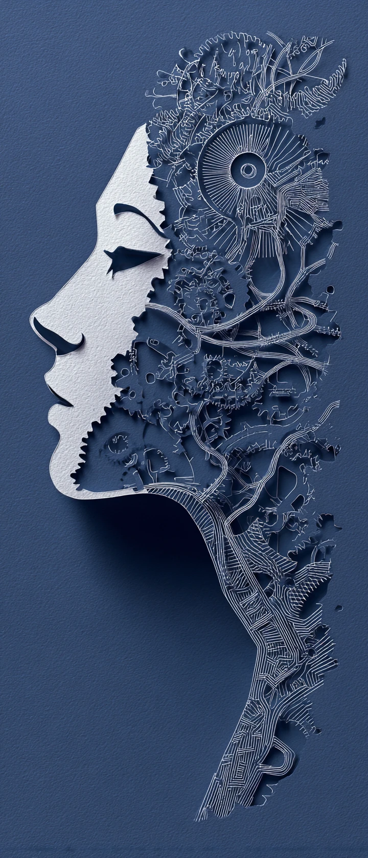 Serene paper cut human profile with layered mechanical mind