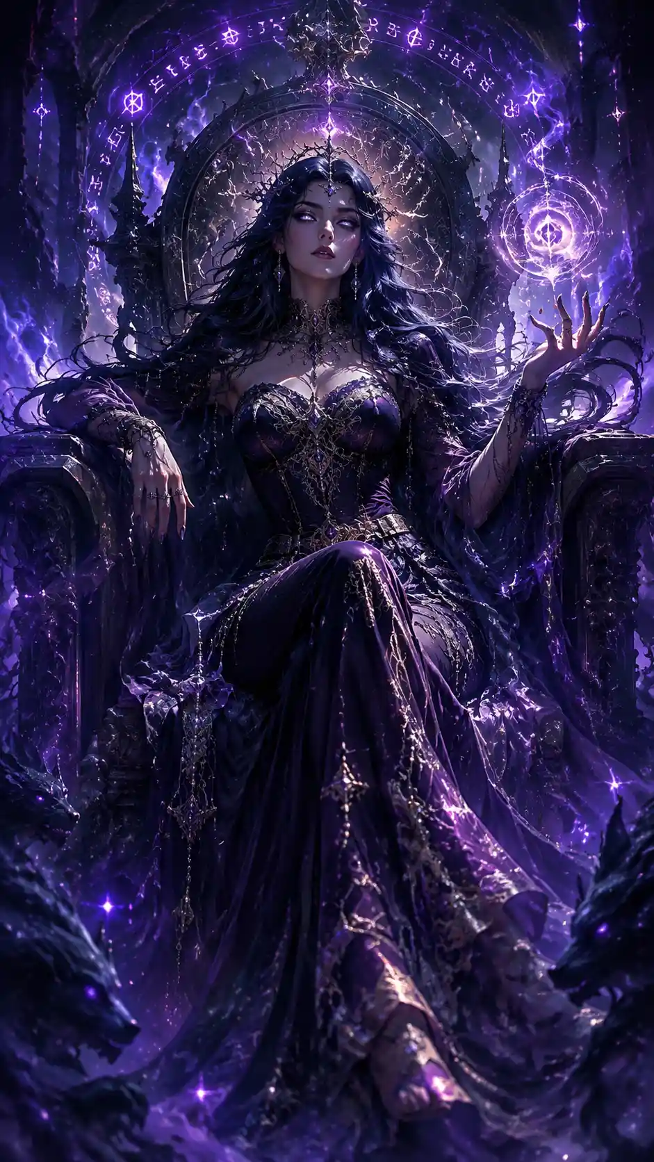 Mystical Shadow Empress On Obsidian Throne With Runes