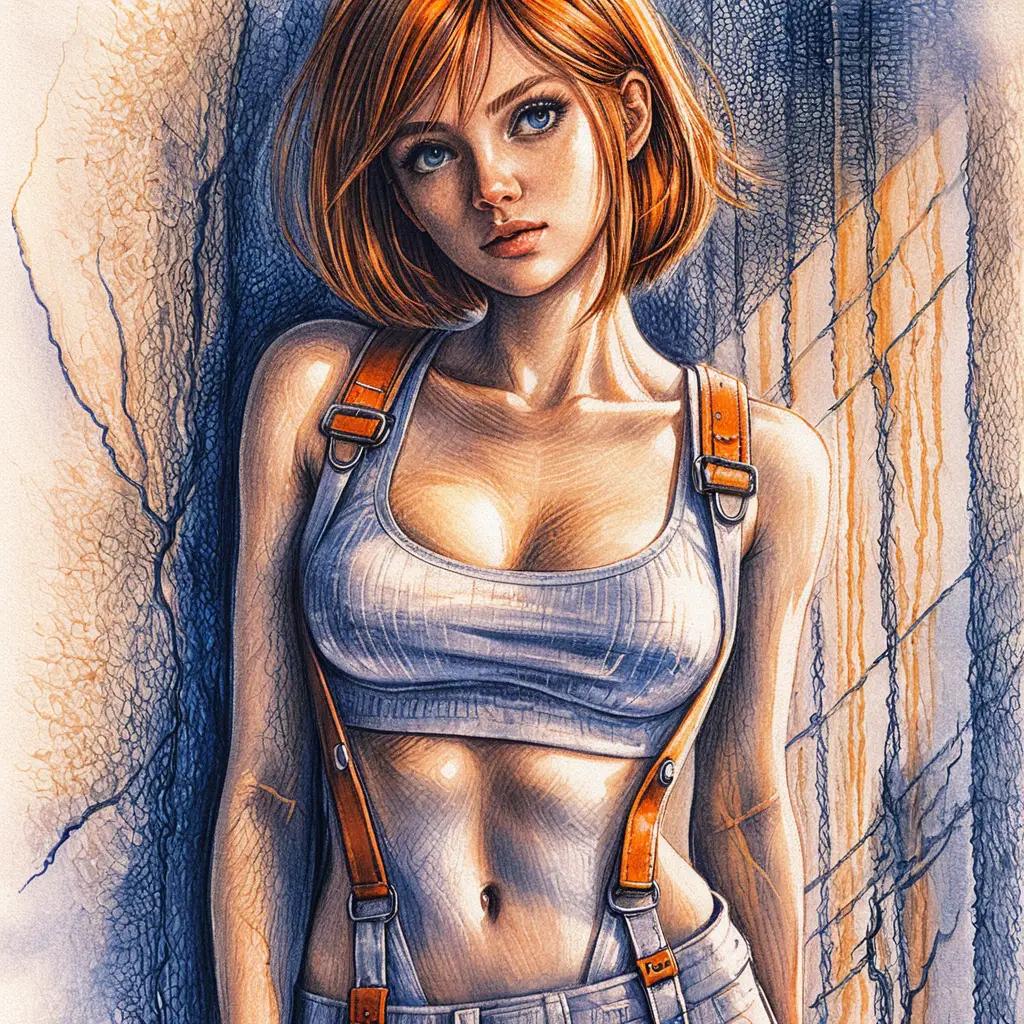 Anime style woman leaning against a concrete wall