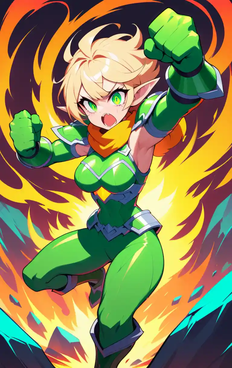 Elf warrior woman in green armor amid fiery chaos
