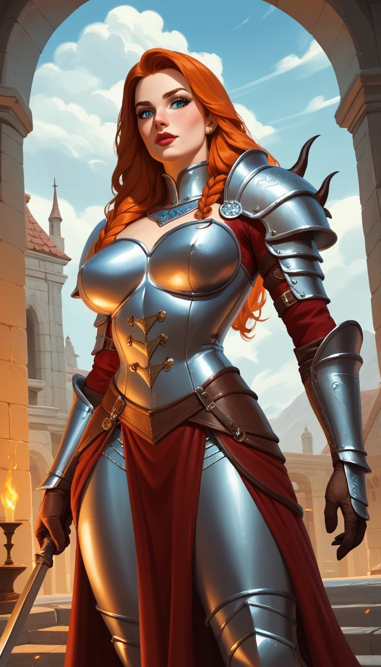 Armored brunette warrior facing a blazing dragon