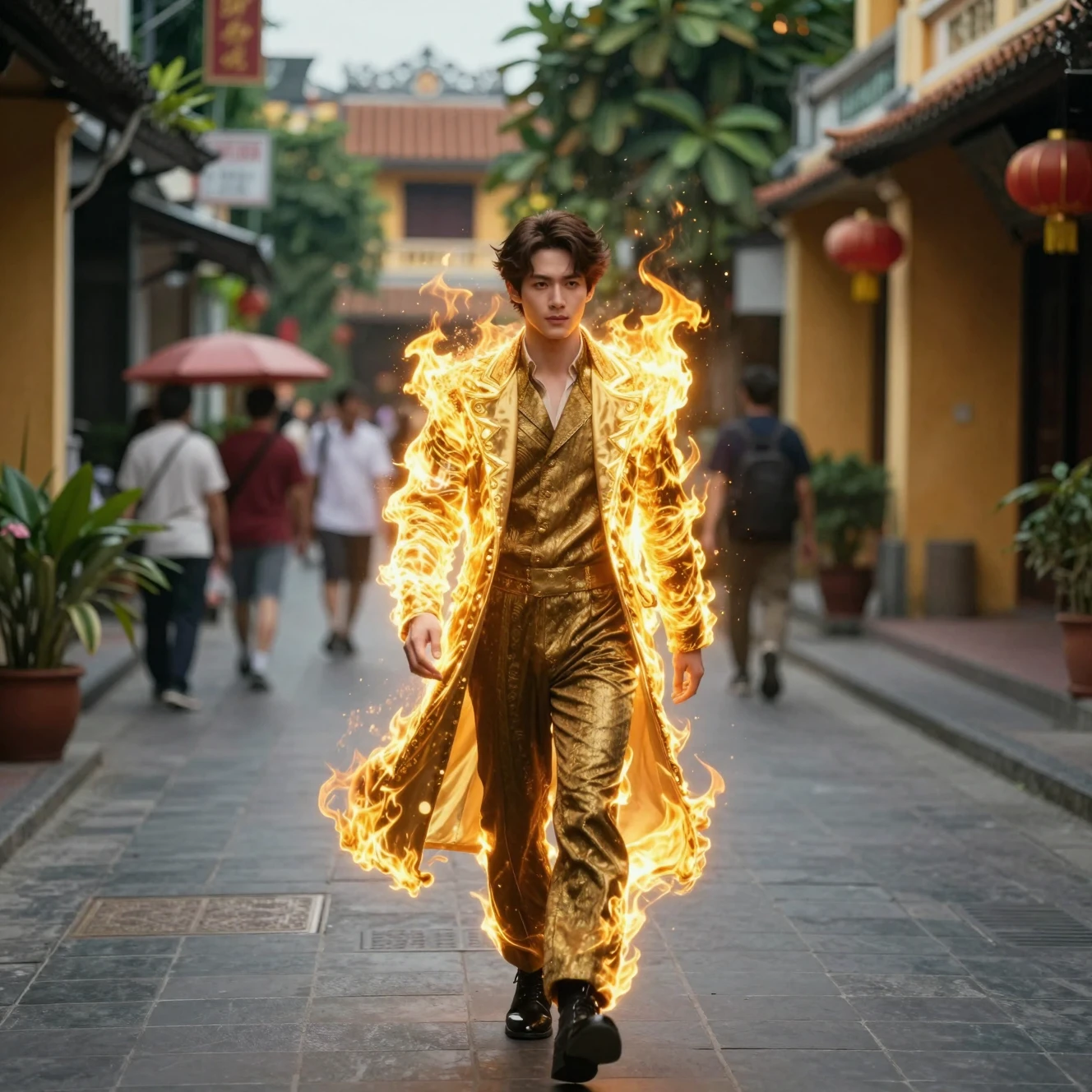 Man wreathed in holy fire walking along city street