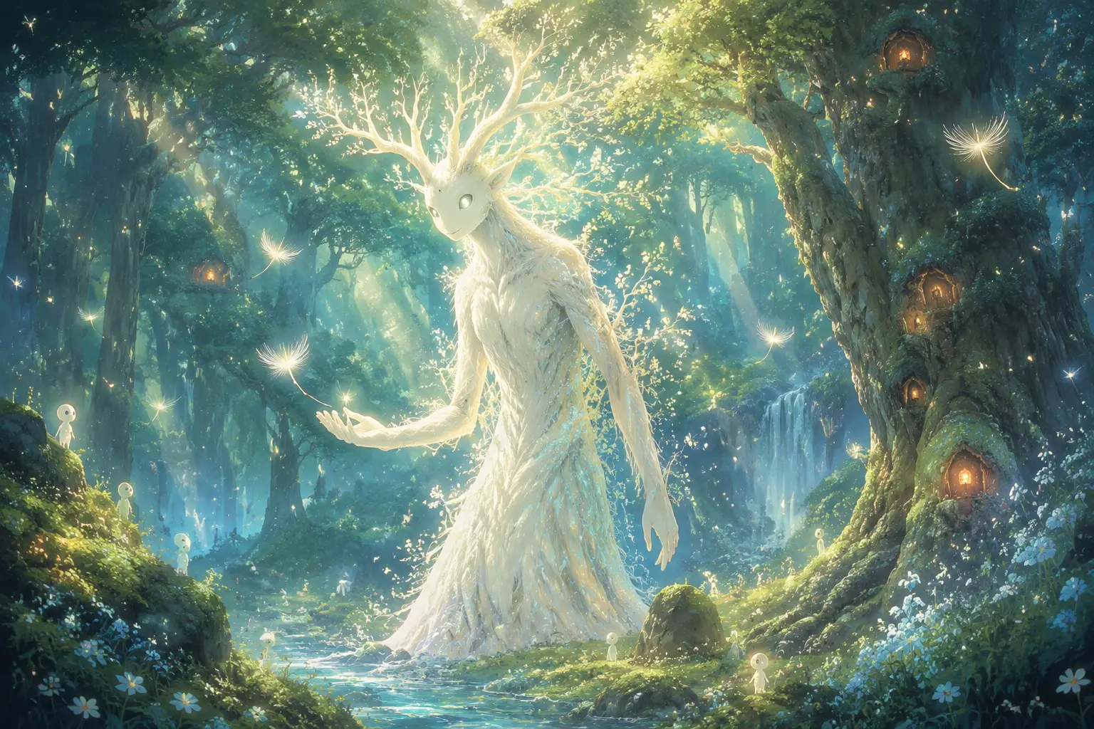Serene forest spirit glowing softly in an enchanted woodland