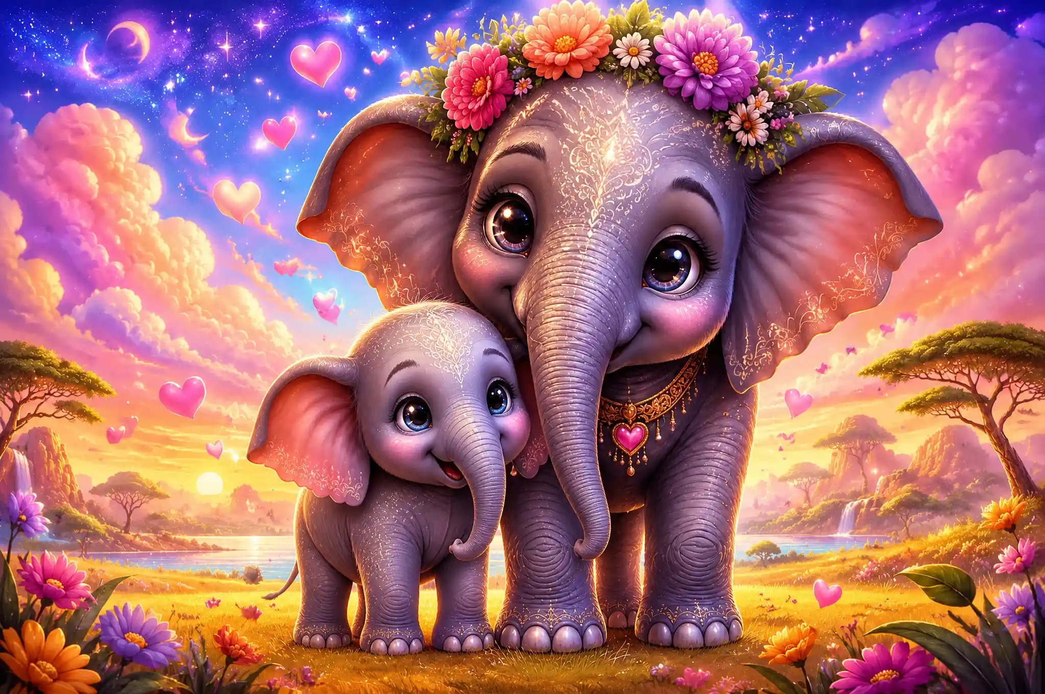 Baby elephant standing on four legs with separate trunks