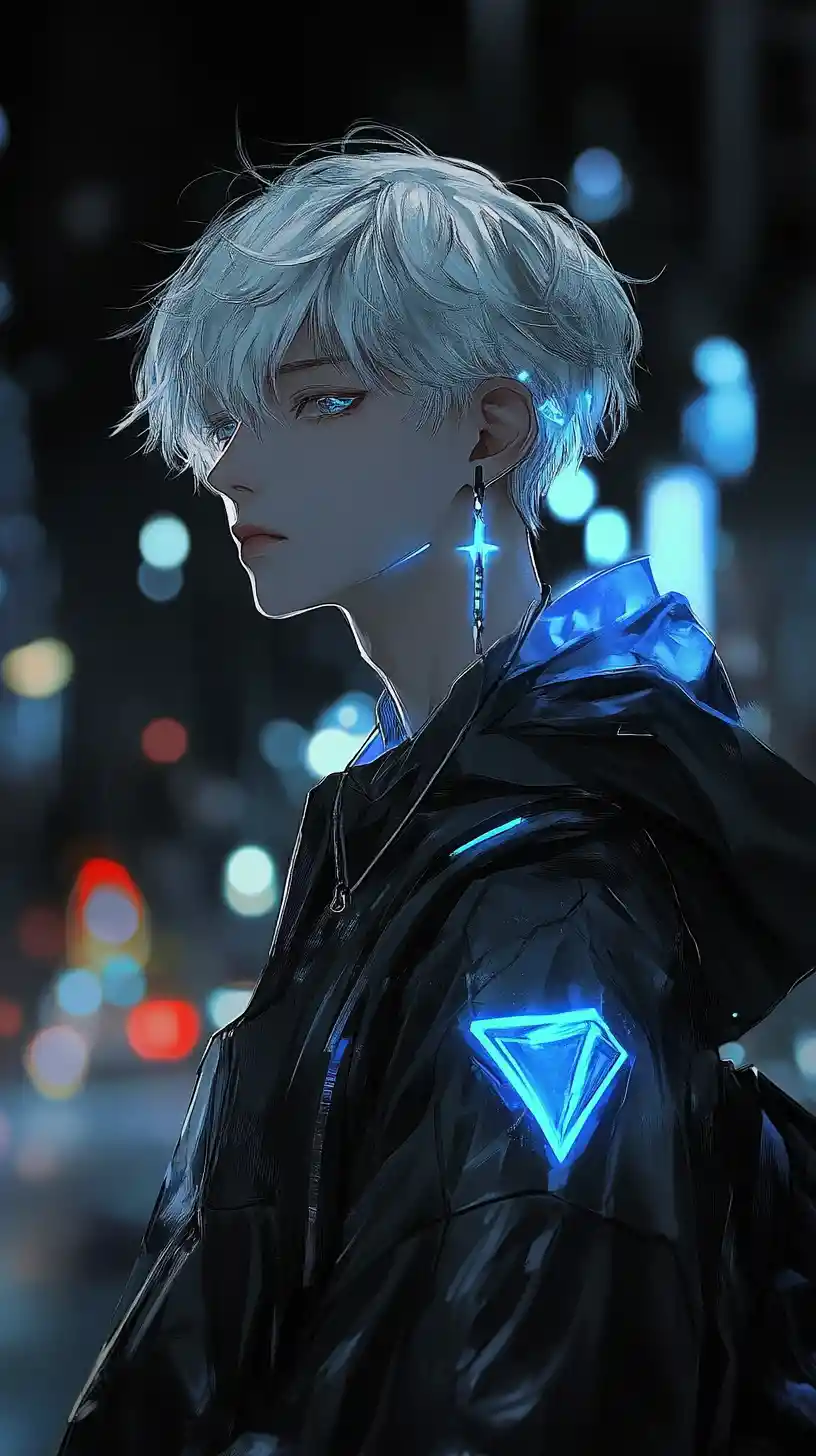 Pensive anime man in futuristic neon lit city night