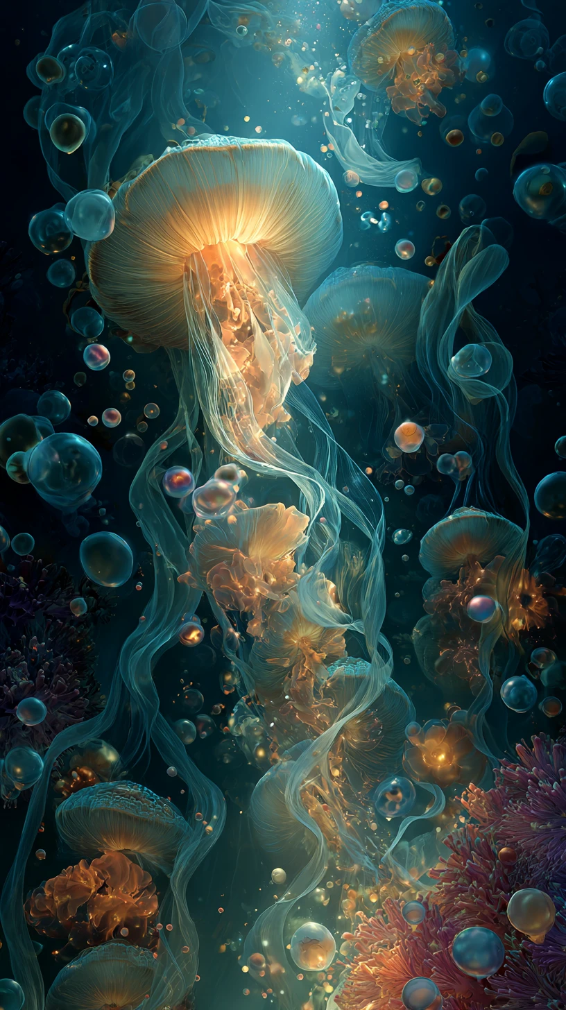 Afrofuturistic water deity rising from glowing ocean depths