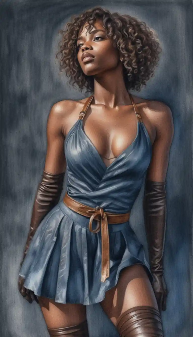 Confident young woman in brown leather halter dress illustration
