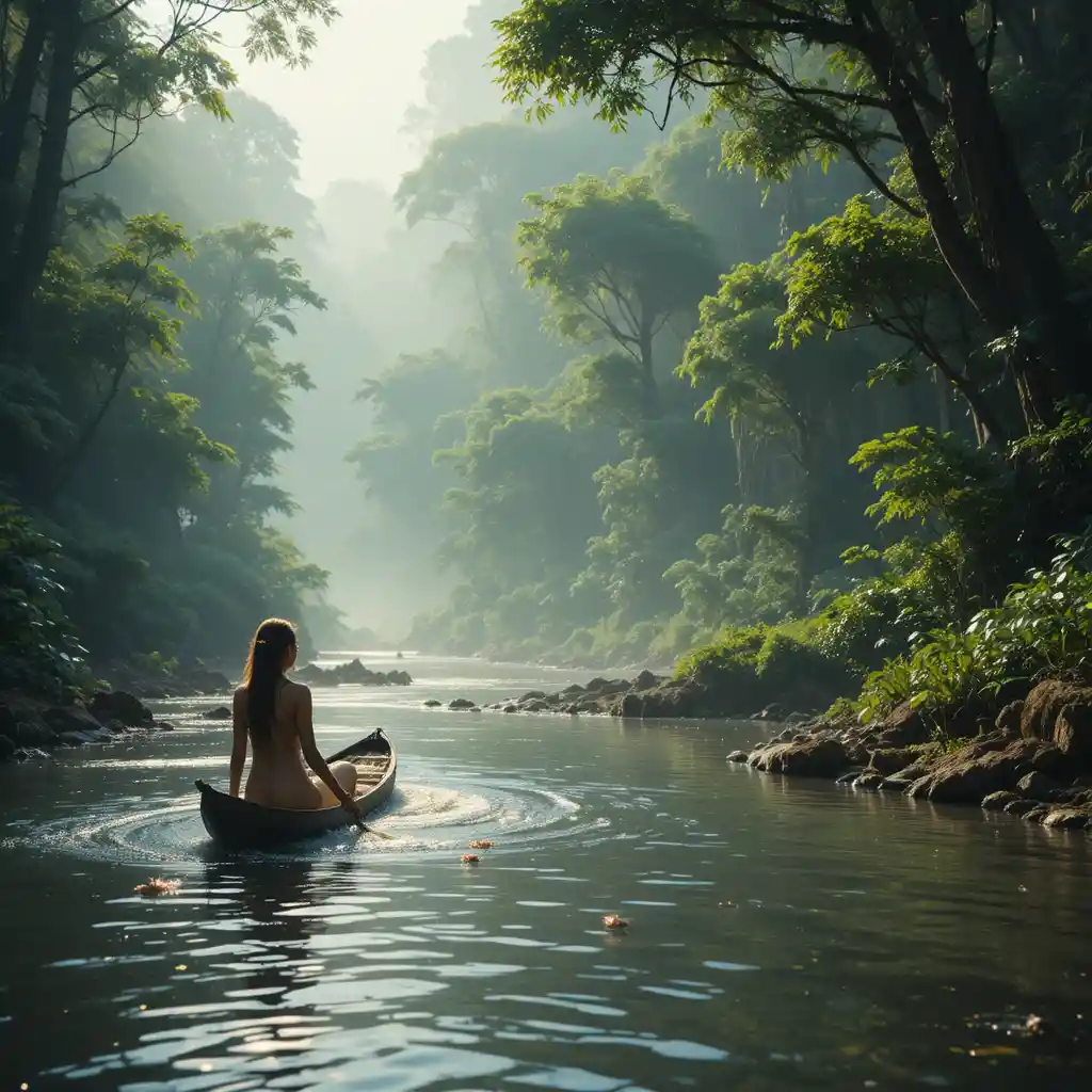 Clever Monkey Eating Fruit Above A Calm Jungle River