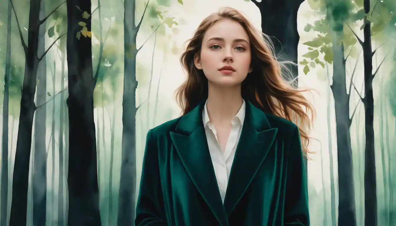 Young woman in green coat walking through glass forest