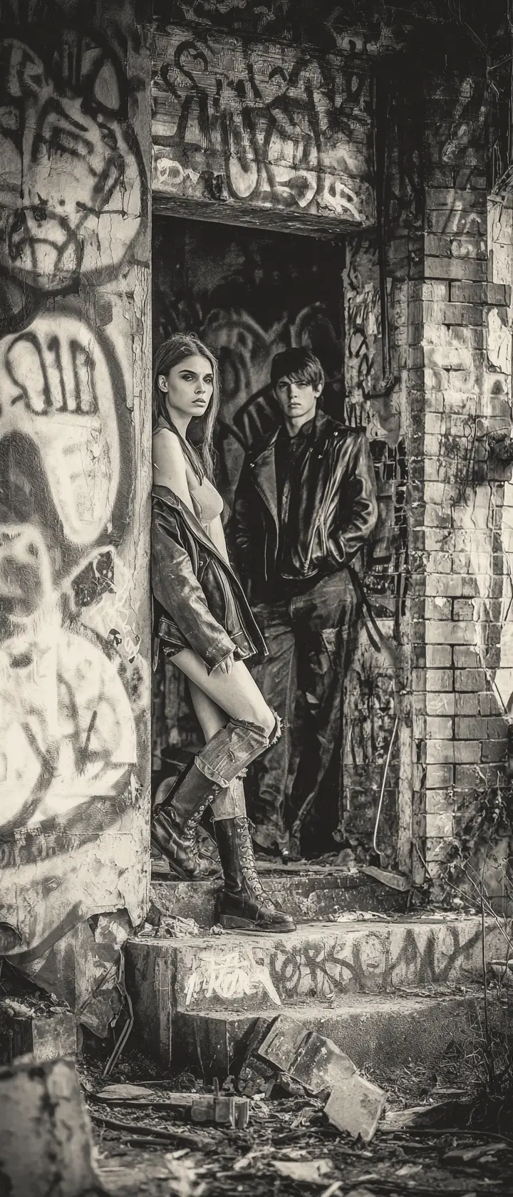 Emaciated couple in front of decaying graffiti covered building