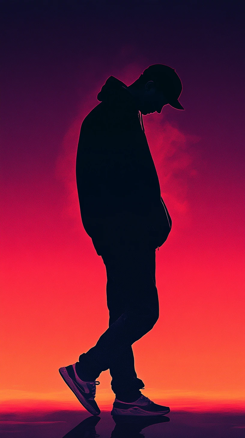Silhouetted man walking under a vibrant gradient sky