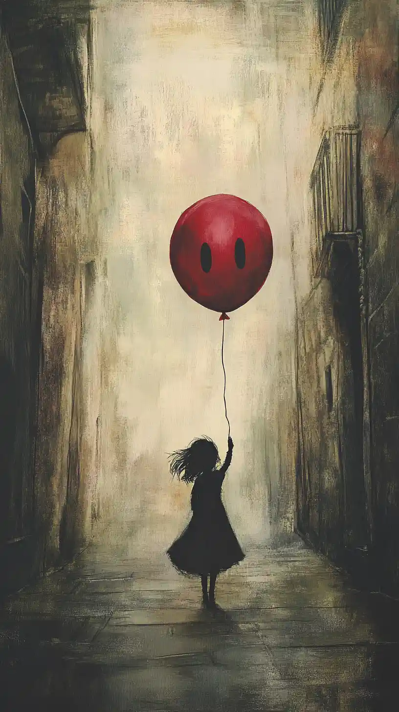 Girl on empty street with single red balloon companion
