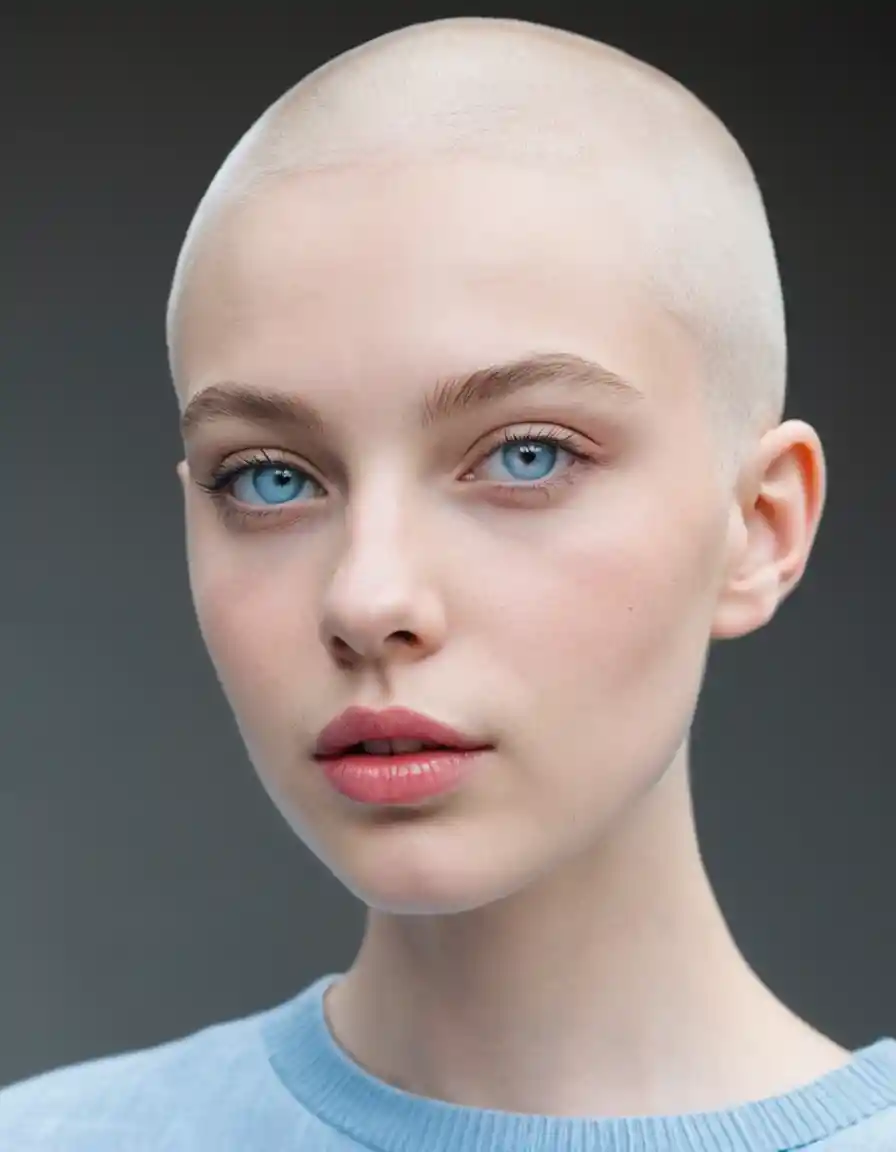 Young German woman with shaved head and blue eyes