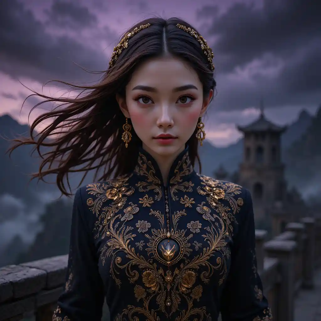 Korean freshman in obsidian brocade on stormy fortress balcony