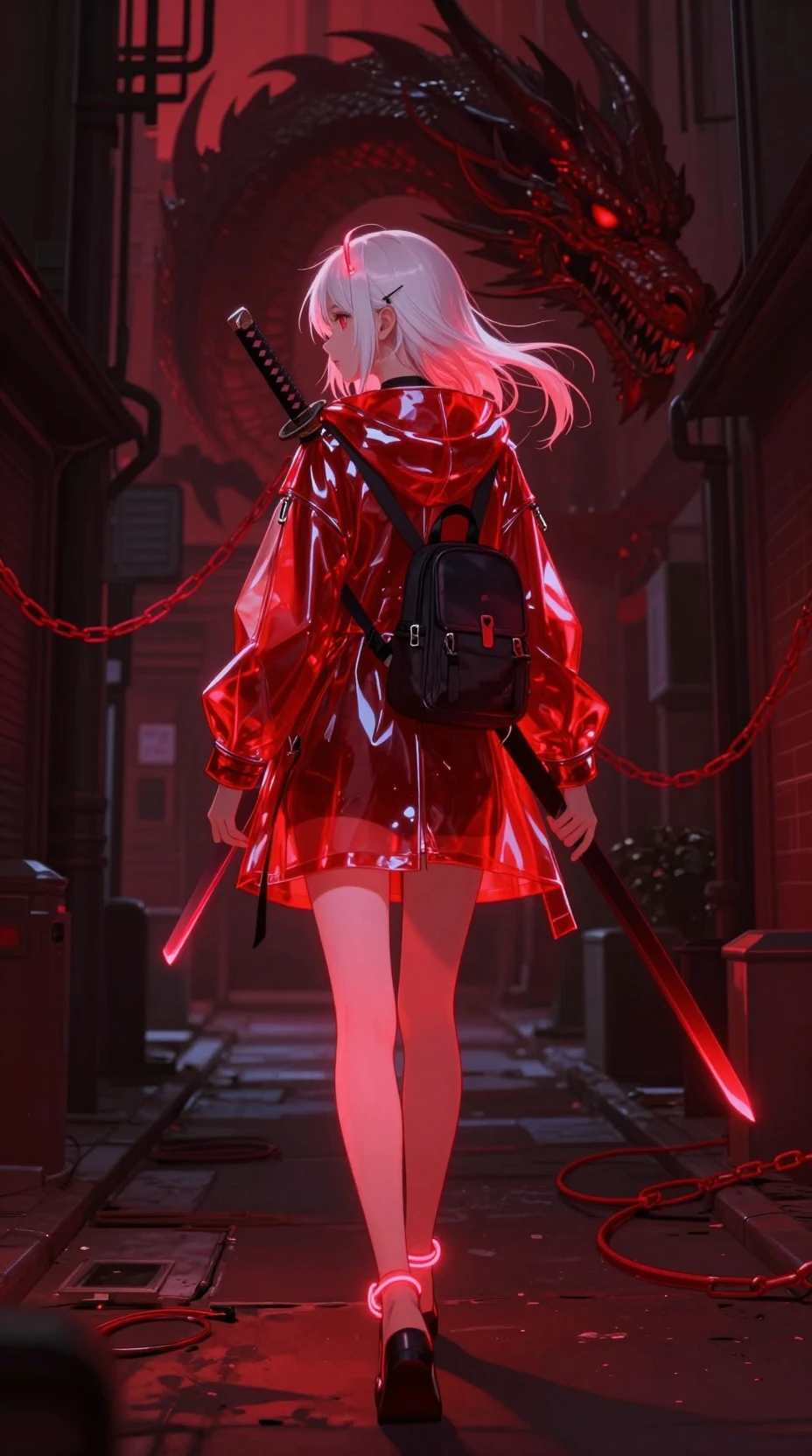 Ragazza anime in vicolo al neon con katana e drago