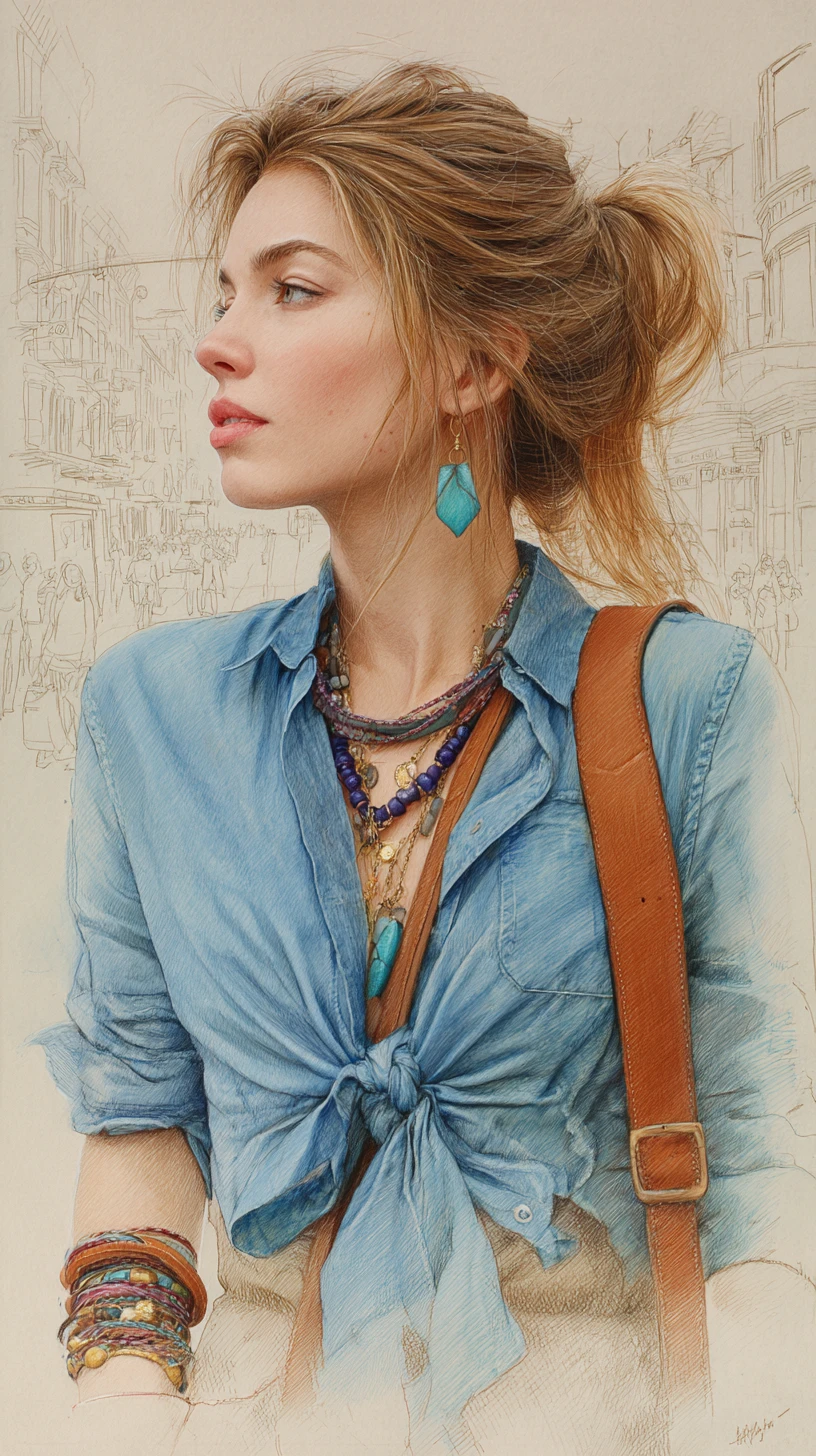Young woman in pencil portrait with urban foggy background