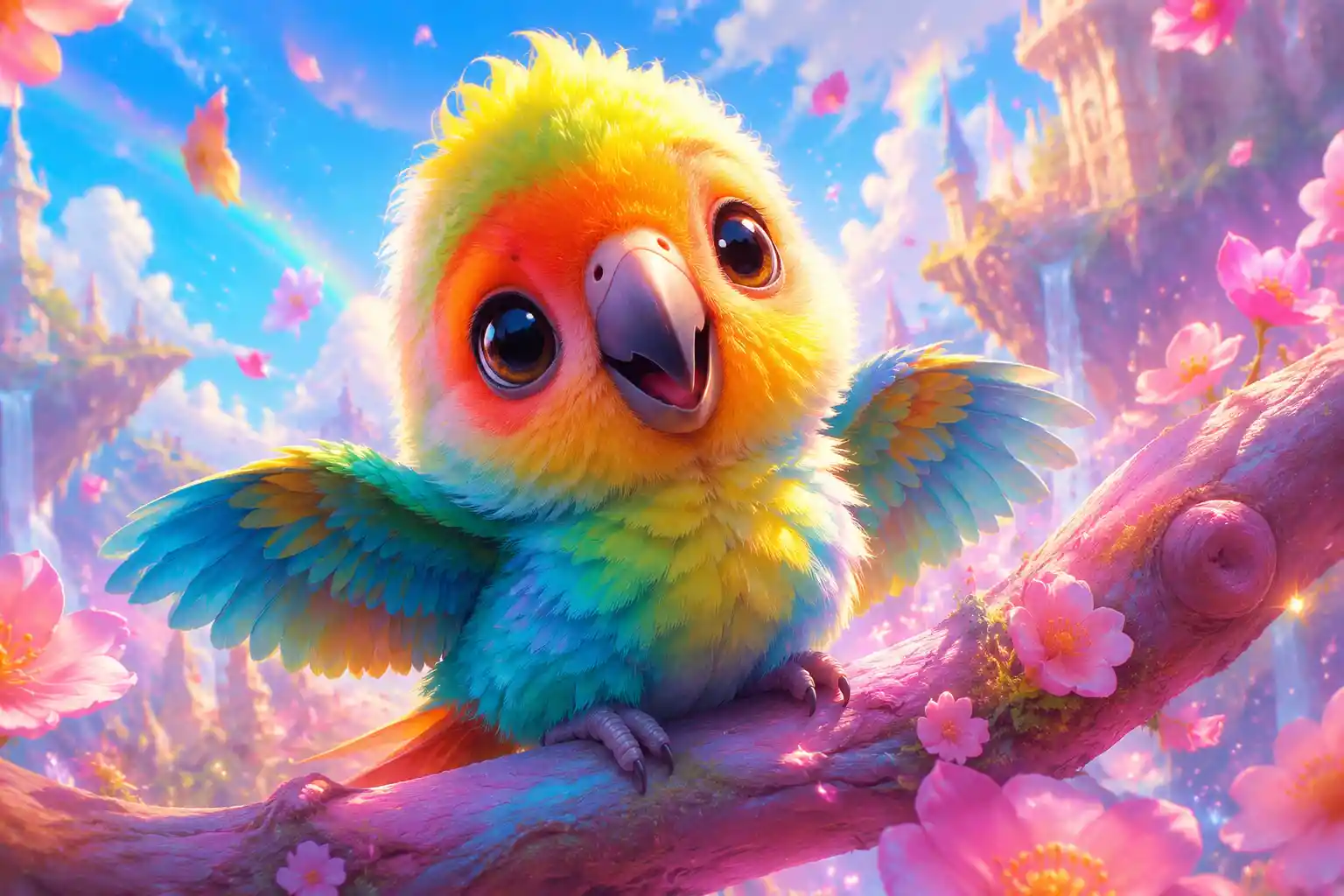 Filhote de papagaio fofo em galho em tons pastéis no estilo Pixar