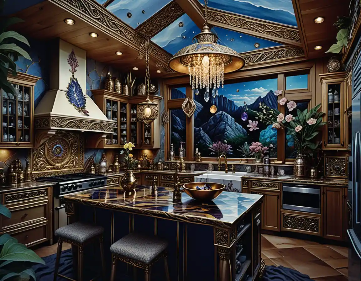 Cucina fantasy colorata con legno scuro e pietra