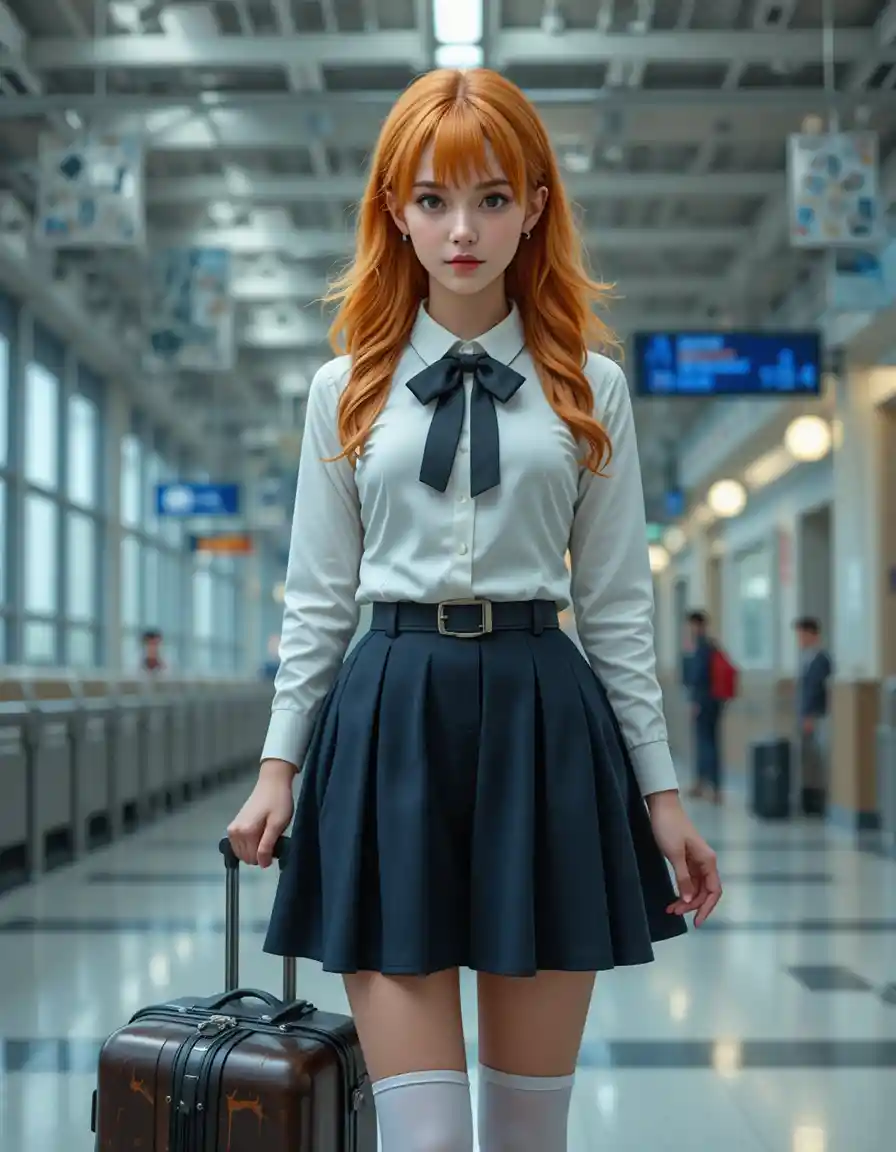 Orange haired schoolgirl with suitcase in airport terminal