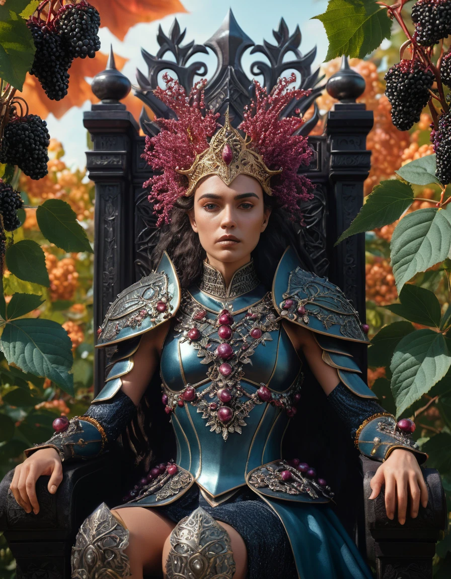 Kriegerkönigin auf einem surrealen Thron, umgeben von Holunderbeeren