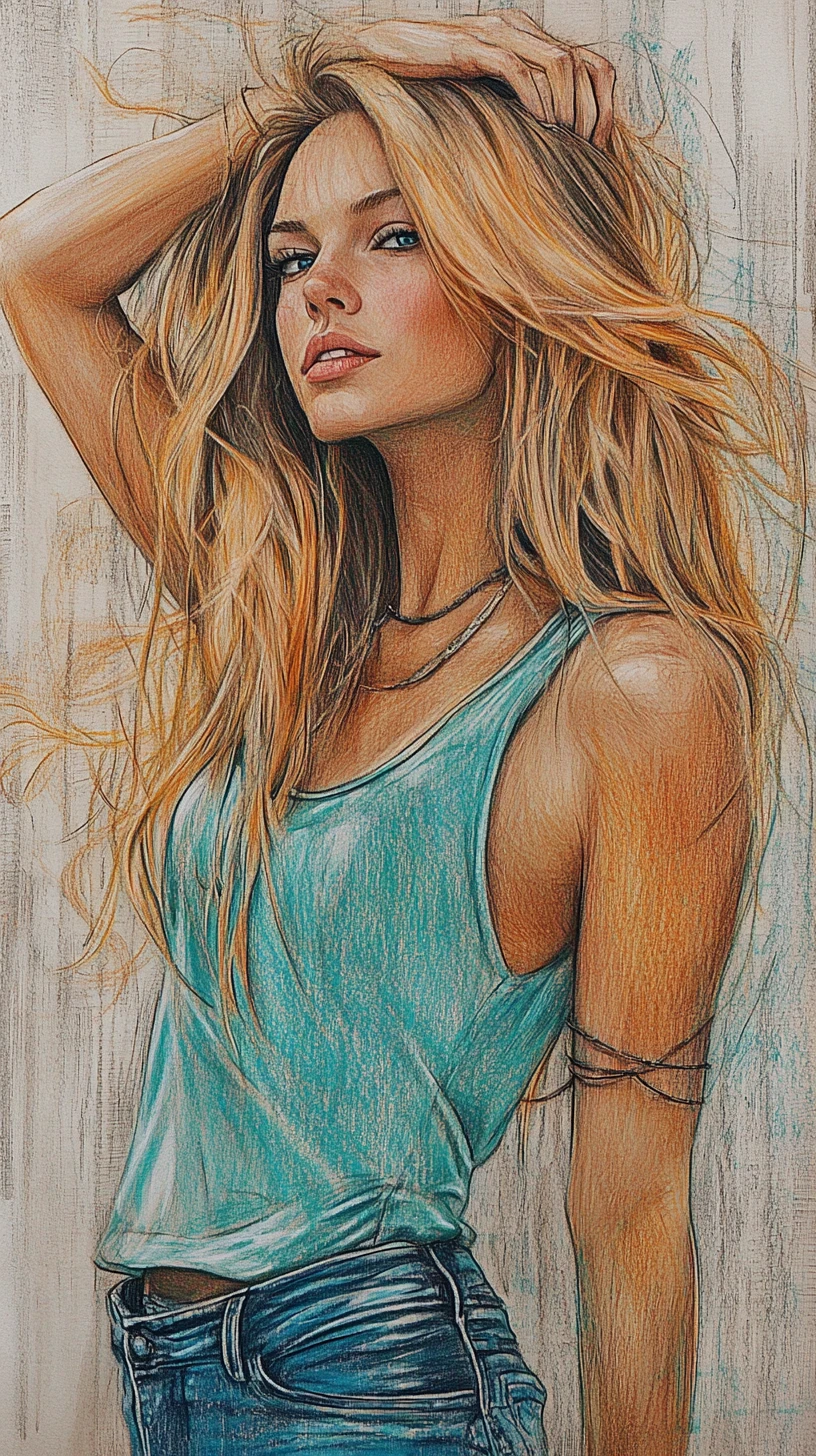 Tall athletic blonde woman in turquoise top full body portrait