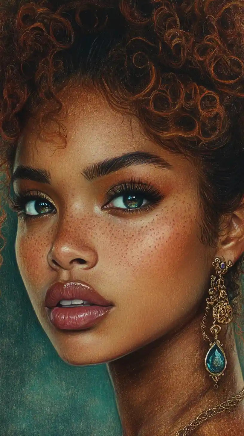 Colored pencil portrait of a young woman with curly hair