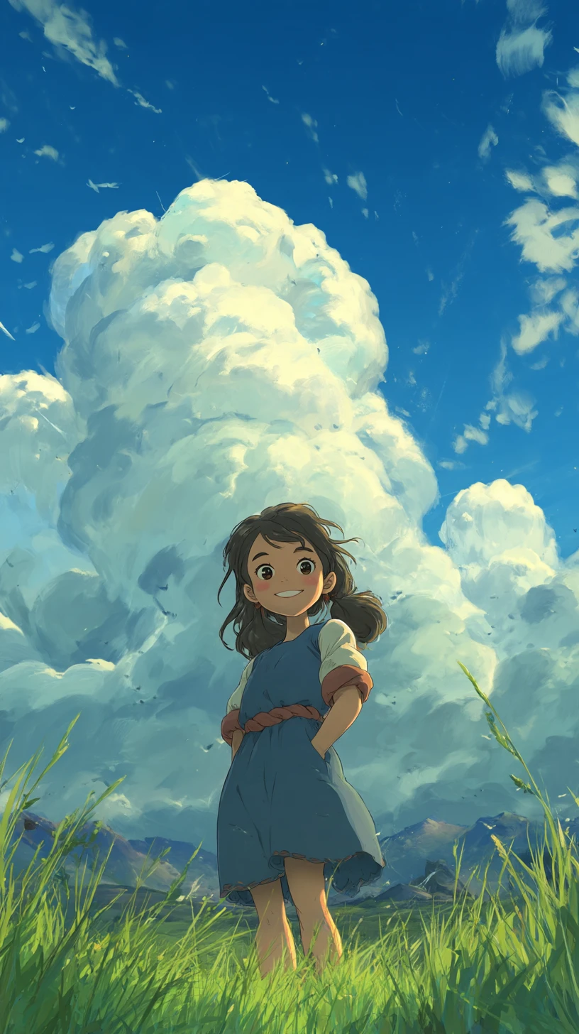 Joven sonriente en campo de hierba con nubes en forma de animales